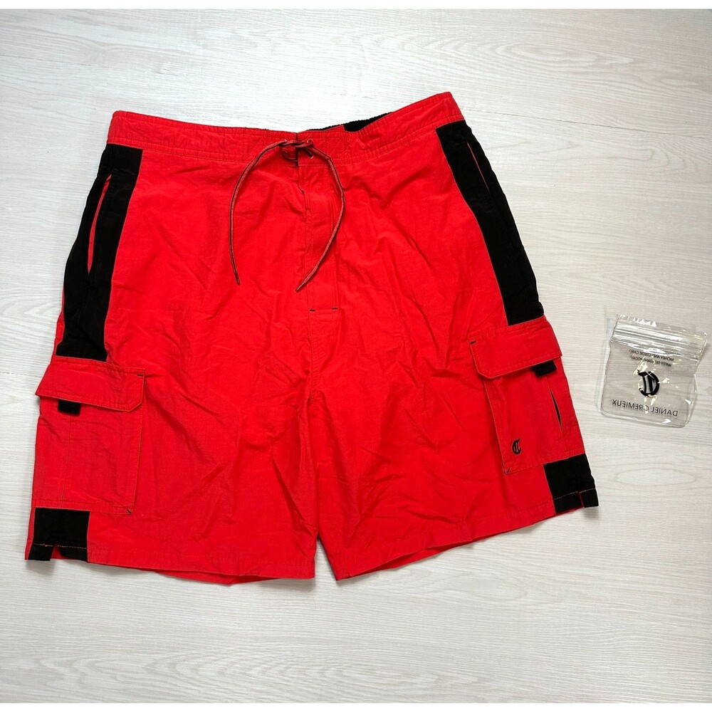 Daniel Cremieux Men XL Swim Trunks Red Black Cargo Board Shorts Mesh Lined Pouch